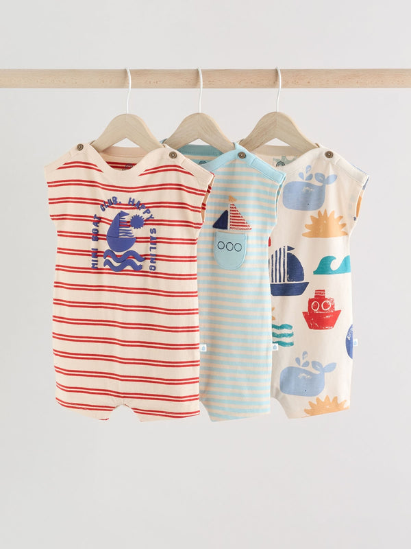 Blue/White Baby 100% Cotton Rompers 3 Pack