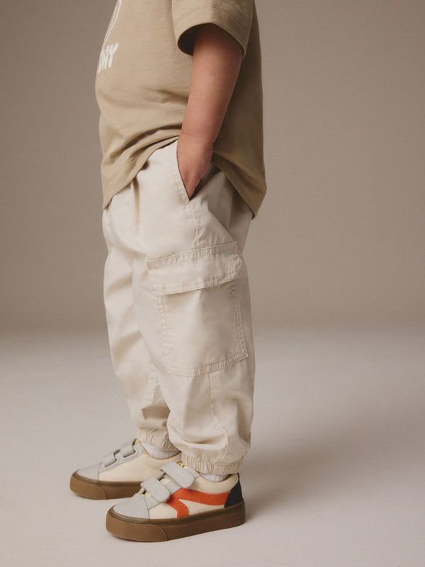 Neutral 100% Cotton Baggy Cargo Trousers with Toggle Waist (3mths-7yrs)