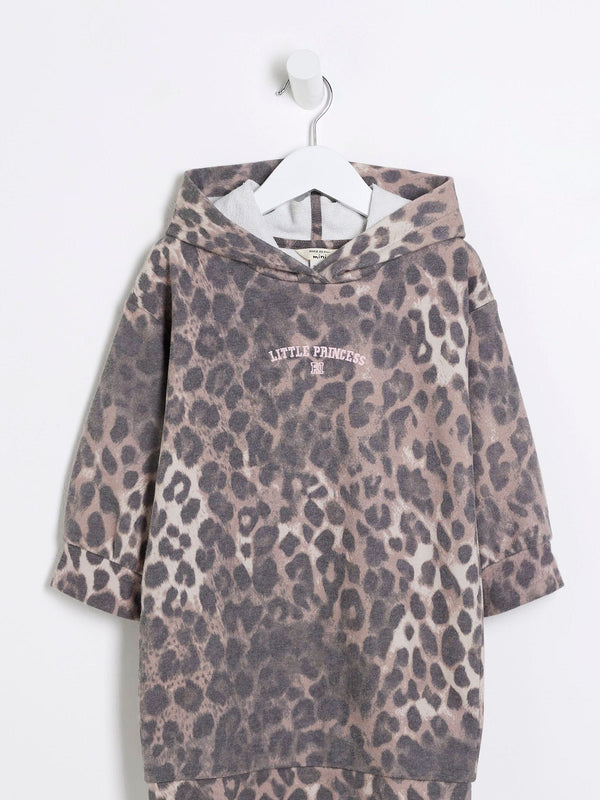 River Island Brown Girls Long Sleeve Hooded Leopard Print 100% Cotton Dress