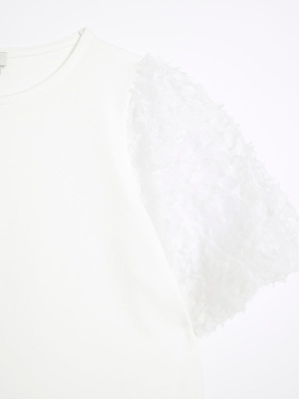 River Island White Girls Floral Print Mesh Sleeve 100% Cotton T-Shirt