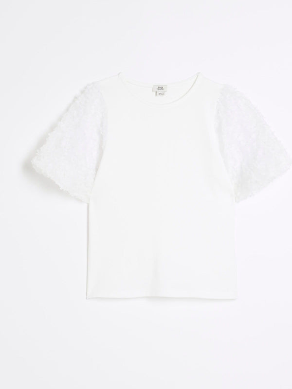 River Island White Girls Floral Print Mesh Sleeve 100% Cotton T-Shirt