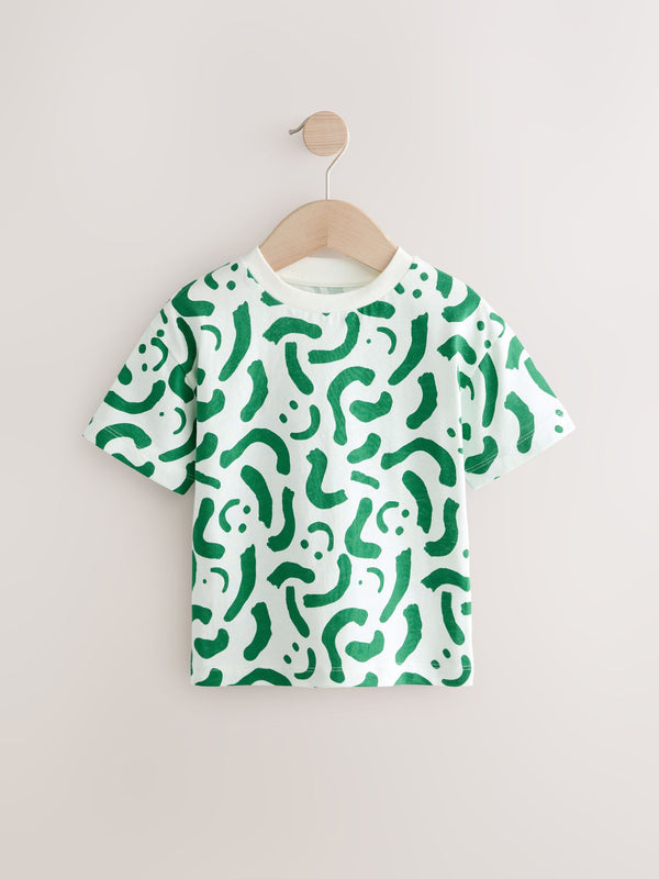 White/Green Happy Faces 100% Cotton Short Sleeve All-Over-Print T-Shirt (3mths-7yrs)