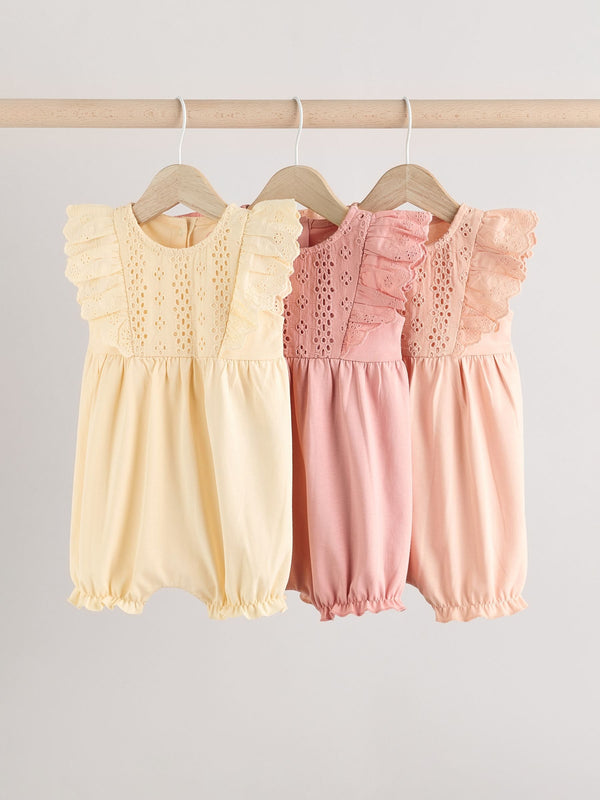 Tonal Pink Broderie 3 Pack Baby Rompers
