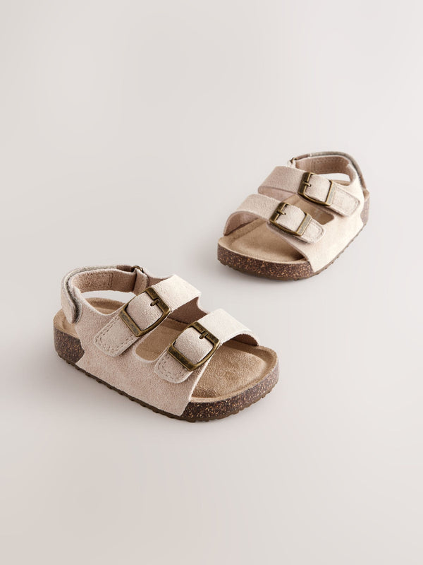 Neutral Wide Fit (G) Suede Leather Double Buckle Cushioned Footbed Sandals