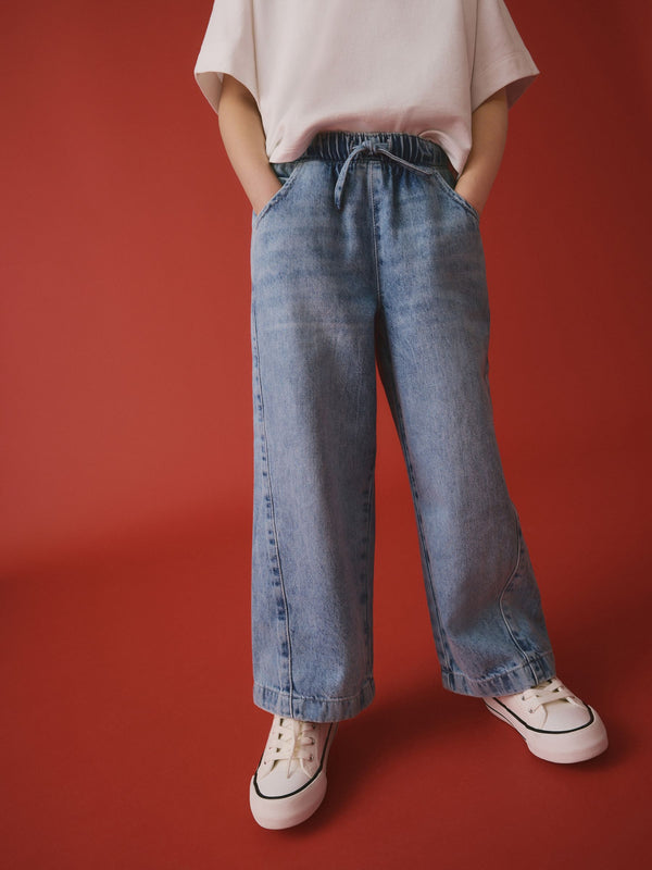 Mid Blue Denim 100% Cotton Pullon Wide Leg Jeans (3-16yrs)