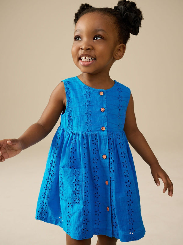 Blue Broderie Sleeveless Pocket Summer Dress (3mths-8yrs)