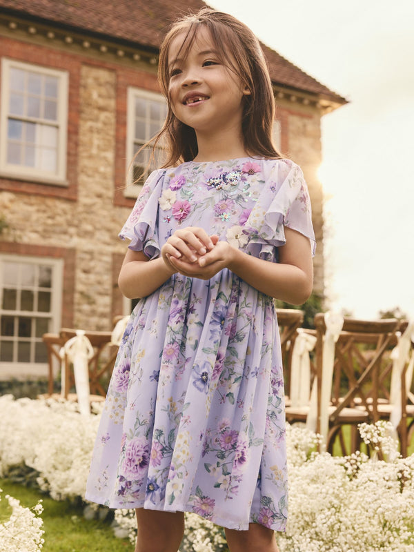 Lilac Purple Angel Sleeve Embellished Dress (3-16yrs)