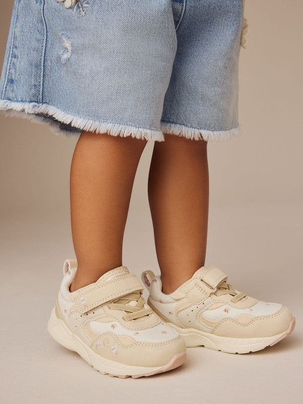 Neutral Embroidered Floral Standard Fit (F) Elastic Lace Touch Fasten Trainers