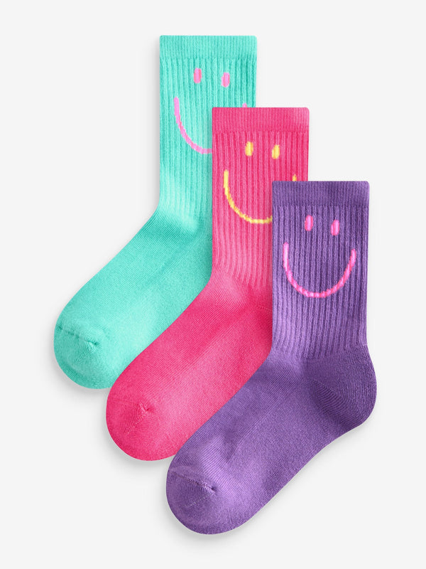 Pink, Purple and Teal Blue Character Regular Length Cotton Rich Cushioned Sole Ankle Socks 3 Pack
