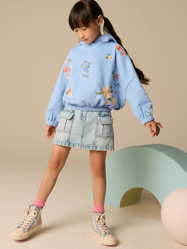 Blue Floral Print Embroidered Elasticated Hoodie (3-16yrs)