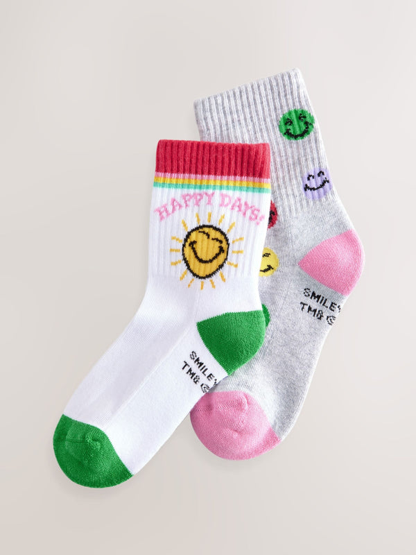 White/Grey SmileyWorld® Cushioned Sole Socks 2 Pack