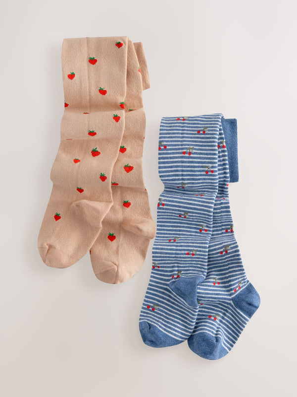 Blue and Neutral Brown 2 Pack Cotton Rich Strawberry and Cherry Tights