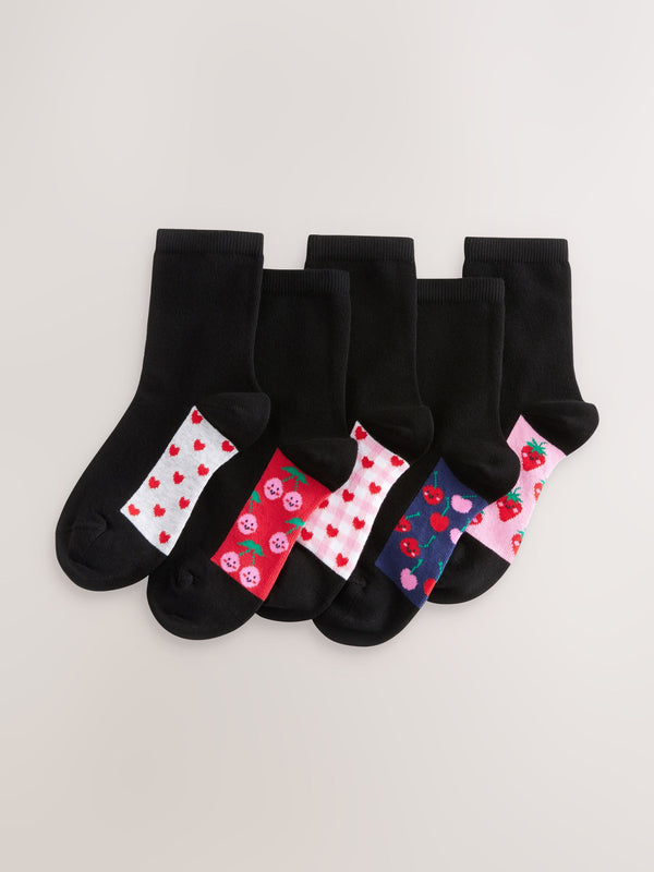 Black Fruit 5 Pack Cotton Rich Footbed Ankle School Socks