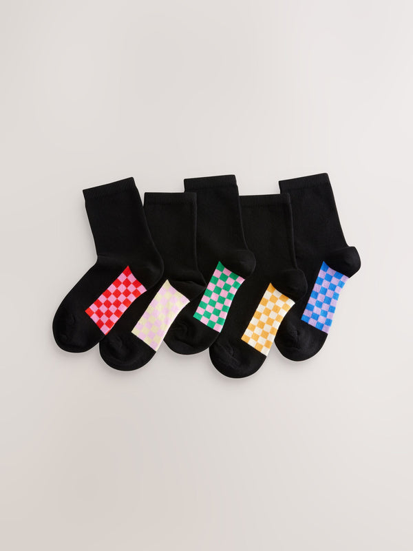 Black Checkerboard 5 Pack Cotton Rich Footbed Ankle School Socks