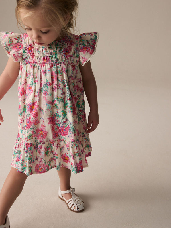 Pink Floral Shirred Angel Sleeve 100% Cotton Dress (3mths-8yrs)