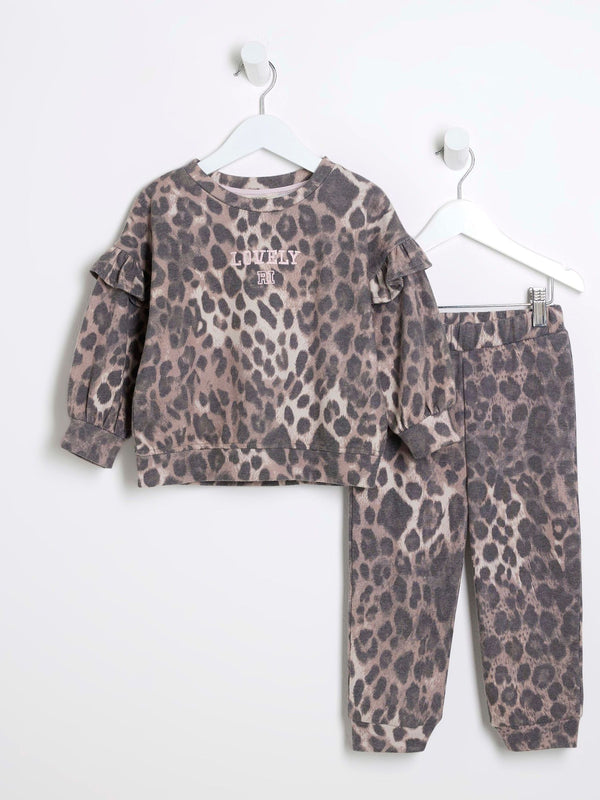 River Island Brown Girls Leopard 100% Cotton Sweat Joggers Set