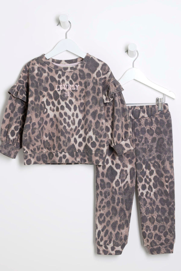 River Island Brown Girls Leopard Sweat Joggers Set