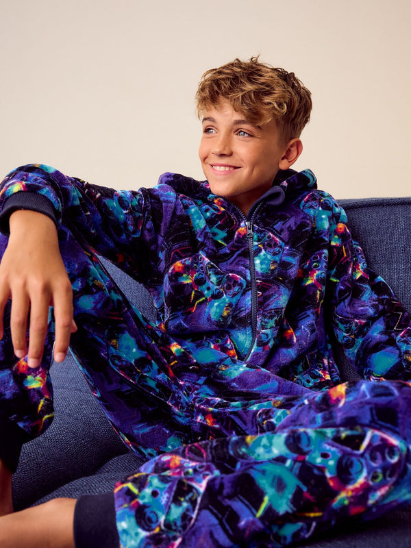 Blue Gamer All-In-One Fleece Pyjamas (3-16yrs)