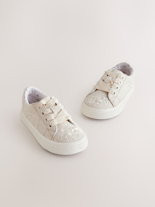 Neutral Embroidered Lace-Up Trainers