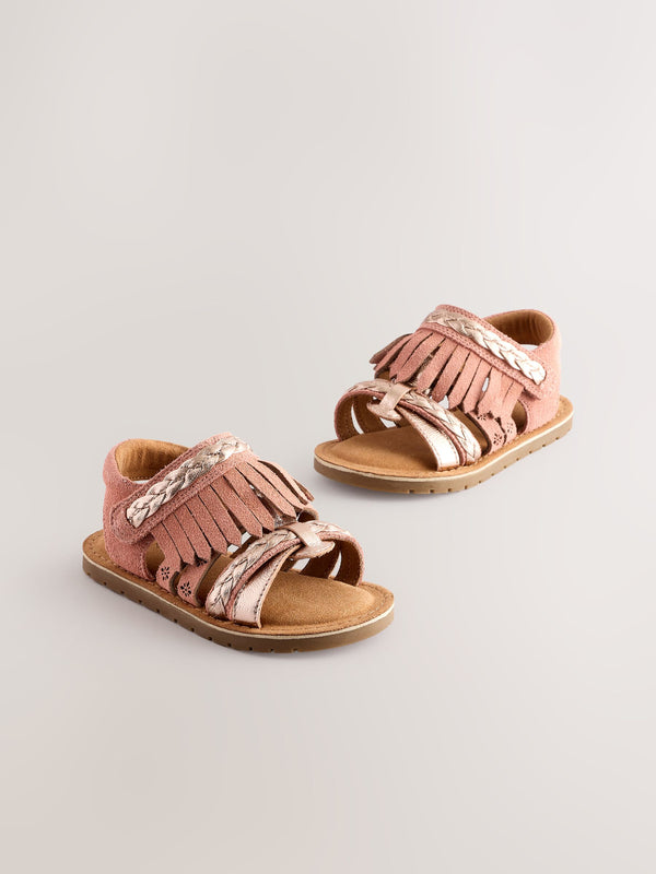 Tan Brown Suede Fringe Sandals