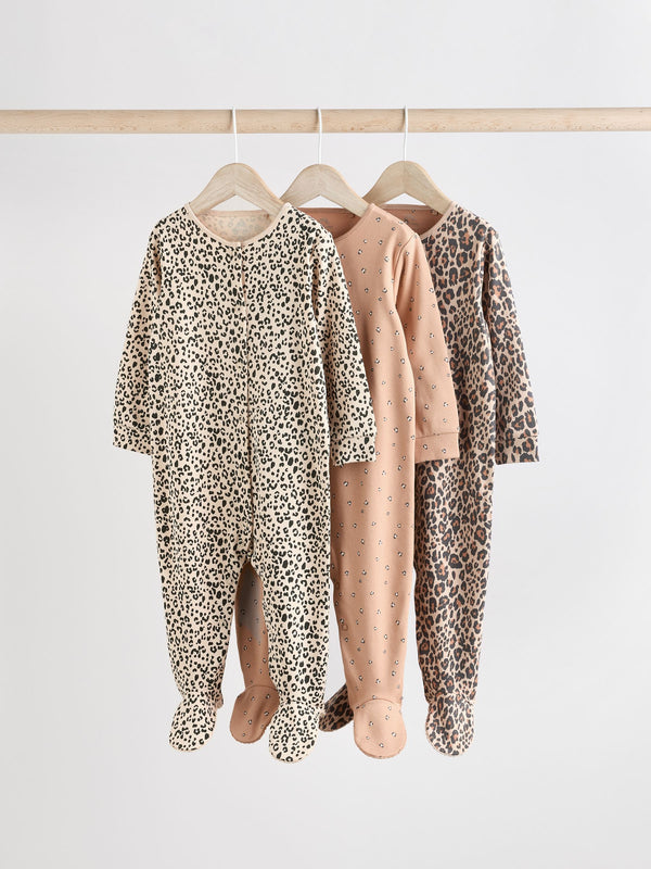 Brown Baby Animal Print 100% Cotton Sleepsuits 3 Pack (immediate )