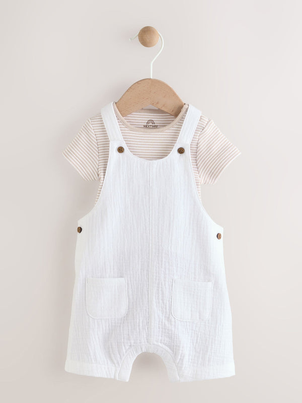 White/Neutral Baby Woven Dungaree and Striped Bodysuit Set (0mths-2yrs)