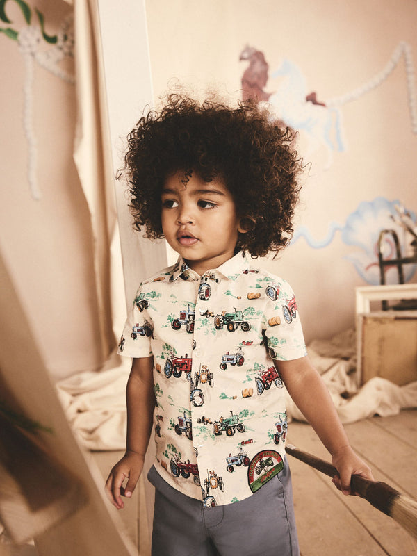 White Tractor Print Cath Kidston 100% Cotton Short Sleeve Shirt (3mths-7yrs)