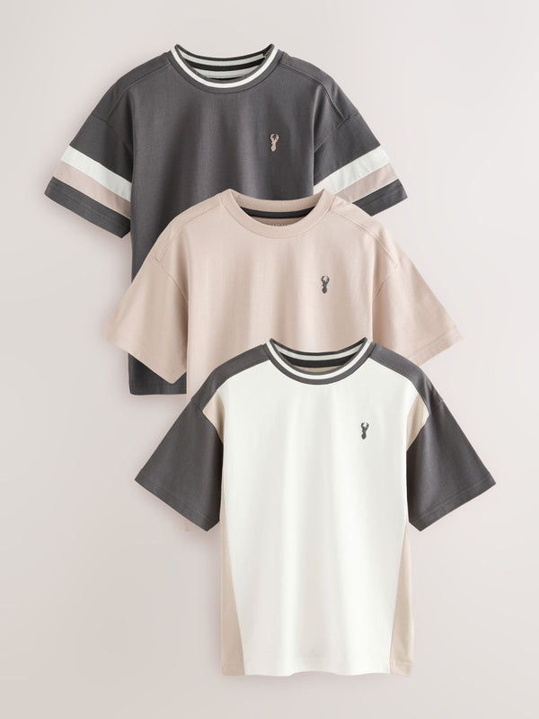 Grey/Cement/White Relaxed Fit Colourblock Short Sleeve 100% Cotton T-Shirts 3 Pack (3-16yrs)