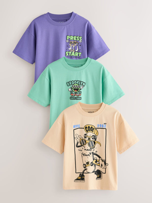 Green/Blue Cartoon Relaxed Fit Graphic Print Short Sleeve T-Shirts 3 Pack (3-16yrs)