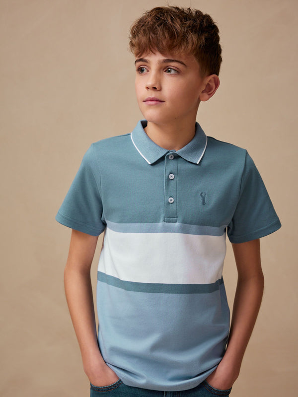 Blue Colourblock Stripe Short Sleeve 100% Cotton Polo Shirt (3-16yrs)