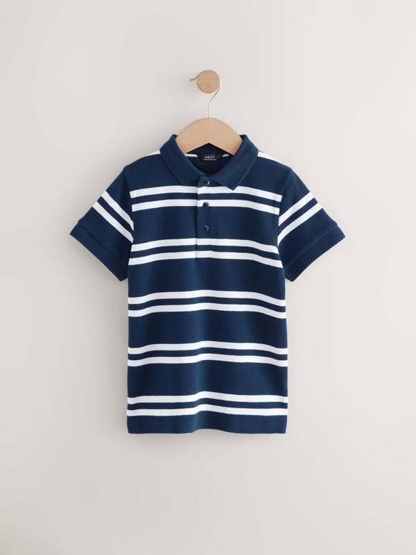 Navy/White Stripe Textured Short Sleeve 100% Cotton Polo Shirt (3-16yrs)