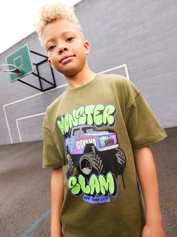 Khaki Green Truck Relaxed Fit Short Sleeve Graphic Print T-Shirt (3-16yrs)