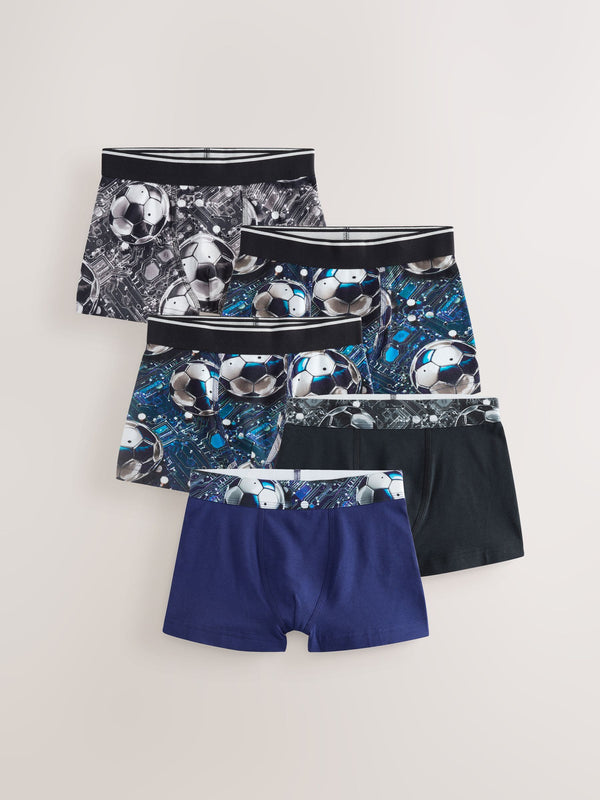 Blue/Black Football Print Pattern Trunks 5 Pack (1.5-16yrs)