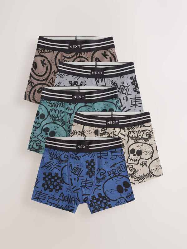 Grafitti Skull Print Trunks 5 Pack (3-16yrs)