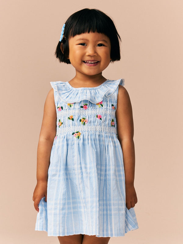 Blue Embroidered Shirred Collar Summer Dress (3mths-8yrs)