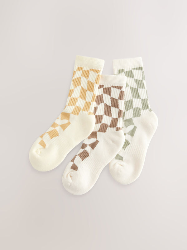 Neutral 3 Pack Cotton Rich Checkerboard Cushioned Sole Ankle Socks