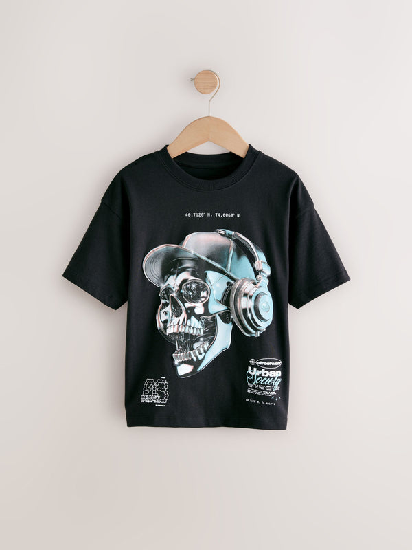 Black Skull Headphones Relaxed Fit Short Sleeve Graphic Print T-Shirt (3-16yrs)