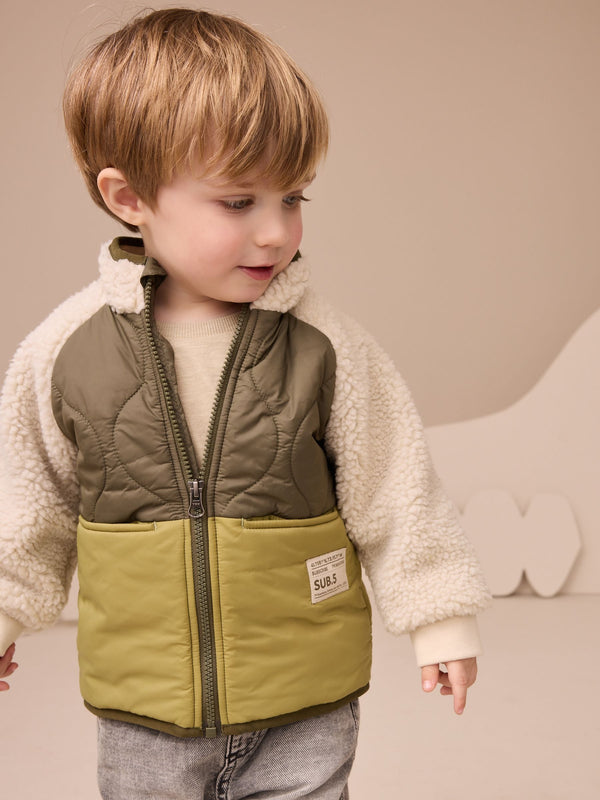Green Borg Nylon Bomber Borg Nylon Colourblock Shacket (3mths-7yrs)