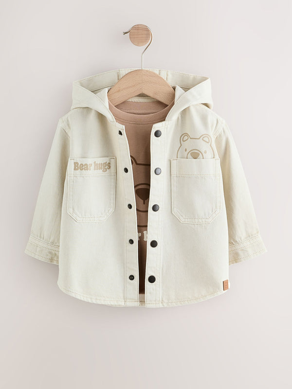 Ecru Bear Twill Hooded Overshirt and T-Shirt Set (3mths-7yrs)