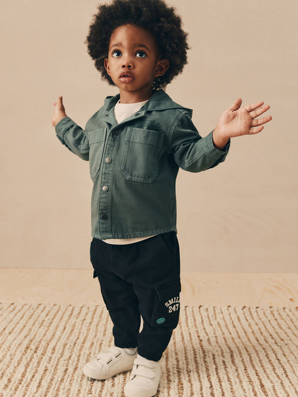 Dark Teal Blue Twill Hooded Overshirt and T-Shirt Set (3mths-7yrs)