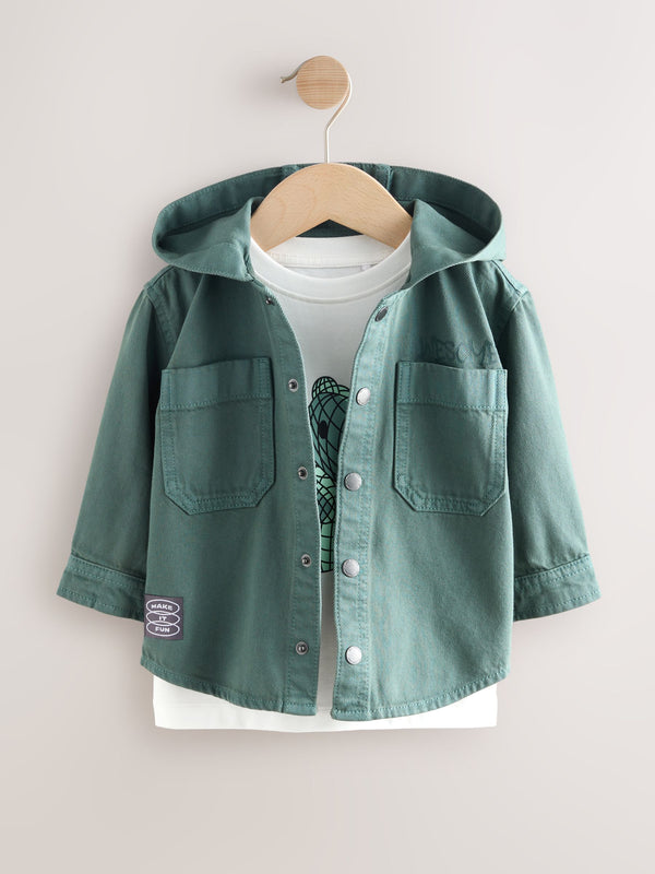 Dark Teal Blue Twill Hooded Overshirt and T-Shirt Set (3mths-7yrs)