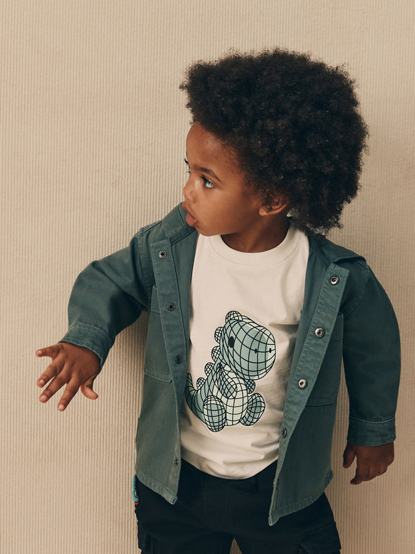 Dark Teal Blue Twill Hooded Overshirt and T-Shirt Set (3mths-7yrs)