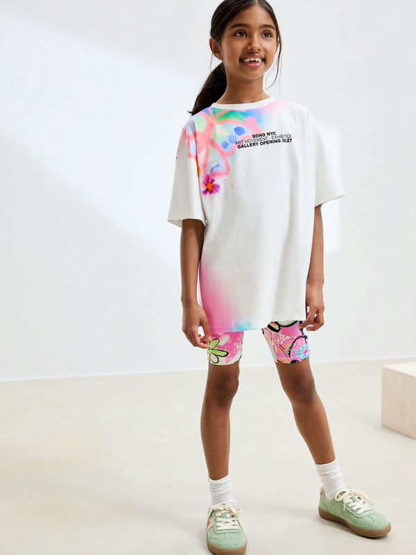 White Graffiti Oversized T-Shirt Cycle Top and Shorts Set (3-16yrs)