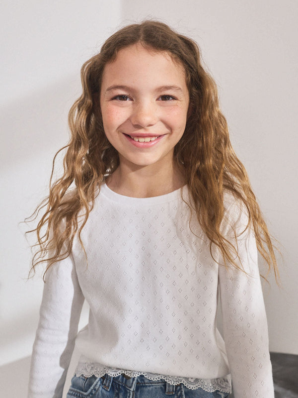 White Pointelle Lace Trim Long Sleeve Rib Top (3-16yrs)