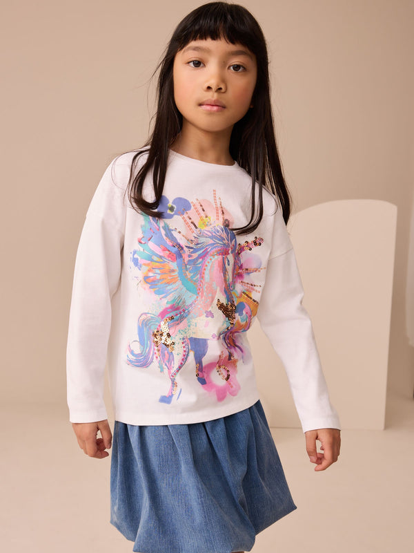 White Unicorn Print Long Sleeve Sequin Top (3-16yrs)