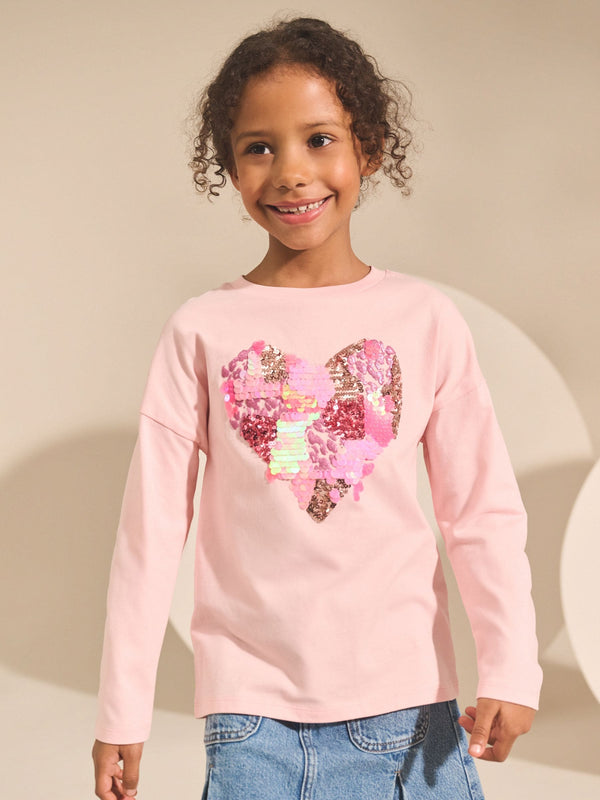 Pink Heart Long Sleeve Sequin Top (3-16yrs)