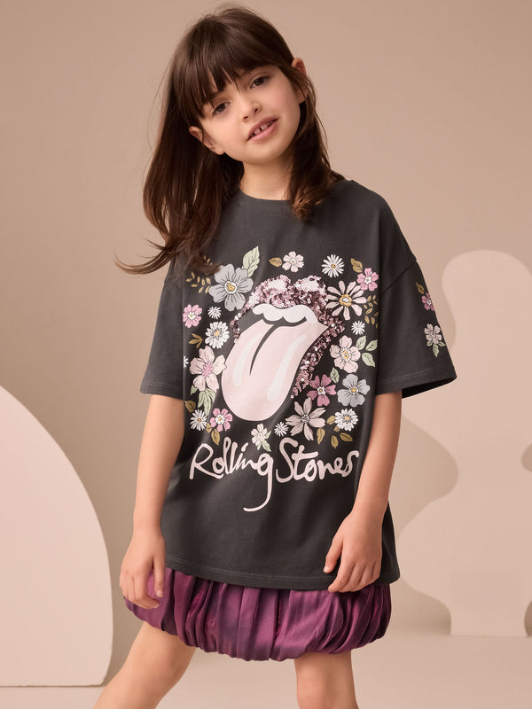 Charcoal Grey Floral The Rolling Stones Band Sequin T-Shirt (3-16yrs)