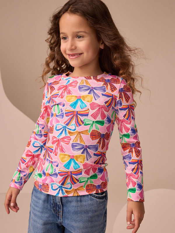 Pink Bows Long Sleeve Ribbed Top (3-16yrs)