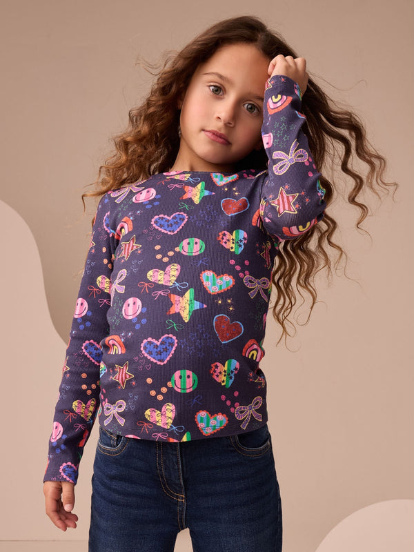 Navy Star Long Sleeve Ribbed Top (3-16yrs)