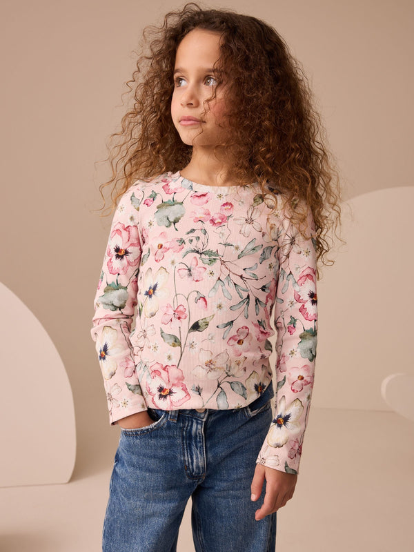 Light Pink Floral Long Sleeve Ribbed Top (3-16yrs)